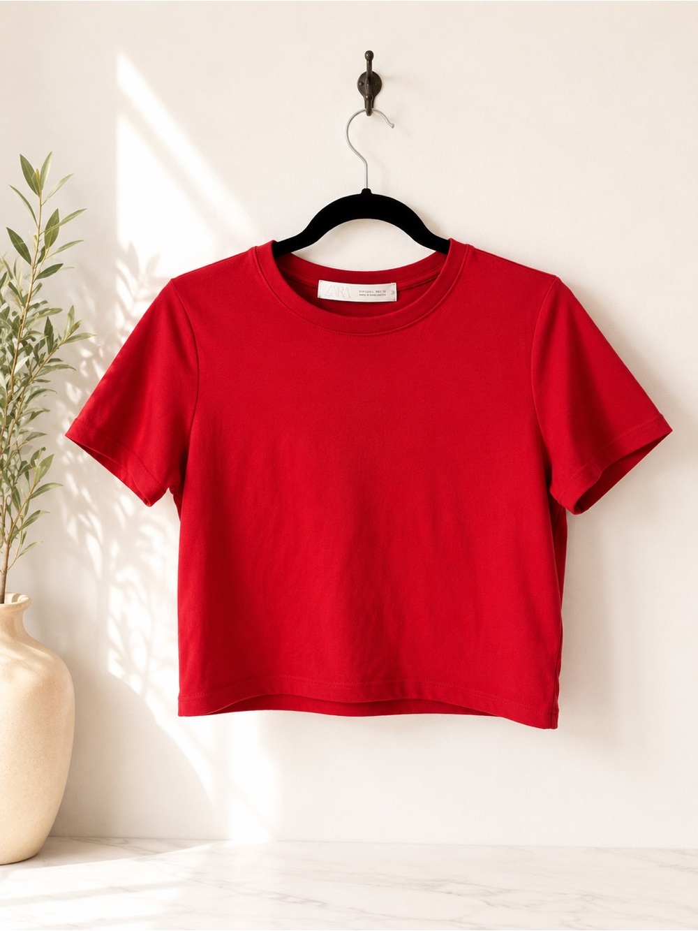 Zara Red Cropped Cotton T-Shirt Size L